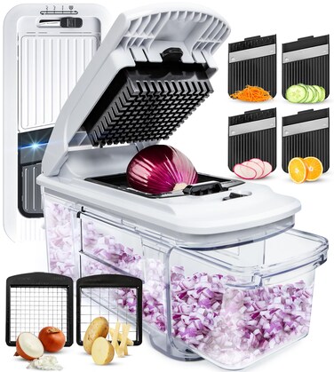 Fullstar Allin1 Vegetable Chopper Mandoline Slicer  Cheese Grater  French Fry Cutter  Veggie Dicer  Cheese Slicer  Includes Bonus Handheld Spiralizer 4 in 1 BlackWhite