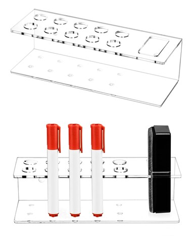 QWORK Acrylic Dry Erase Whiteboard Marker Holder 2 Pack Wall Mounted Clear Whiteboard Supply Storage Rack with 10 Marker Slots and Eraser Holder
