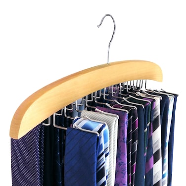 HANGERWORLD Hanging Tie Holder Organizer Rack  Premium Wooden Tie Hanger with 24 Folding Accessory Hooks for Closet Space Saving