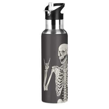 CIOPMNU Funny Skull Water Bottle with Straw Lid Funny Skeleton 20 Oz Stainless Steel Insulated Keeps Hot and Cold Bottle Leakproof Sports Gym Cycling Outdoor Water Flask Thermos Bottle