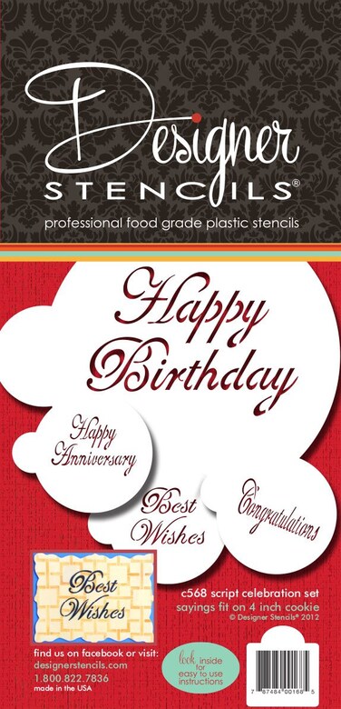 Designer Stencils Script Celebration Cake Stencils Set BeigeSemiTransparent