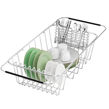 Dish Drainer Rack in Sink Adjustable Expandable 304 Stainless Steel Metal Dish Drying Rack Organizer with Stainless Steel Utensil Holder Over Inside Sink Counter Rustproof