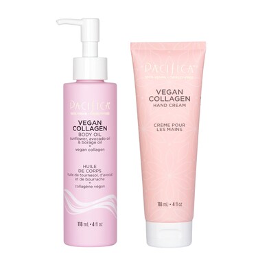 Pacifica Beauty Vegan Collagen Hand Cream and Body Oil with Pump Set Bath and Body Shea Butter Cocoa Butter Body Massage Oil For Dry Skin Skin Care Body Care 4 fl oz Each Set of 2