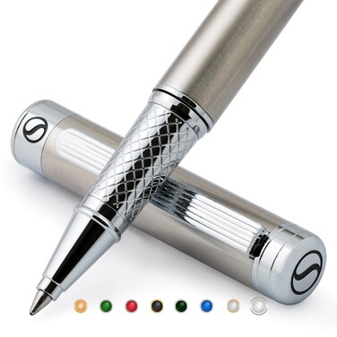 Scriveiner Stainless Steel Rollerball Pen  Stunning Luxury Metal Pen with Silver Chrome Finish Schmidt Ink Refill Best Roller Ball Pen Gift Set for Men  Women