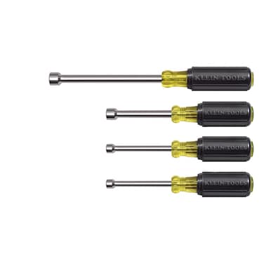 Klein Tools 633 Tool Set Made in USA Nut Driver Set with Driver Sizes 14 516 38 916Inch on 3Inch Full Hollow Shaft wCushion Grips 4Piece