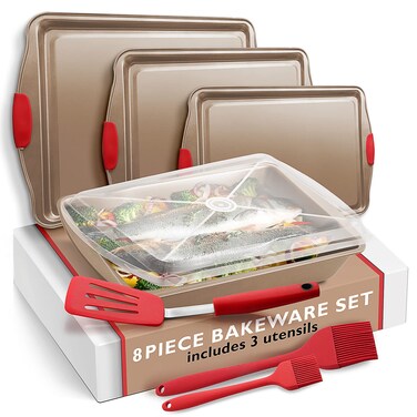 Eatex Baking Sheet 8PC Cookie Sheet Set with Silicone Handles Nonstick Steel Baking Pan Durable Baking Sheets for Oven BPA Free Baking Pans Set Cookie Sheets for Baking Set  Brown Bakeware