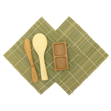 BambooMN Sushi Making Kit  2x Green Bamboo Rolling Mats 1x Rice Paddle 1x Spreader 1 Compartment Sauce Dish  100 Bamboo Mats and Utensils