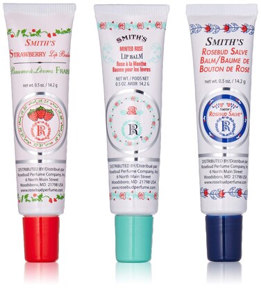 Rosebud Perfume Co Tube 3 Pack Smiths Rosebud Salve  Smiths Strawberry Lip Balm  Smiths Minted Rose Lip Balm