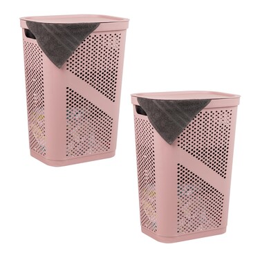 Mind Reader 60L Slim Laundry Hamper Clothes Basket Lid Ventilated Plastic 1725L x 1375W x 235H Set of 2 Pink