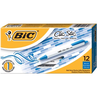 BIC Clic Stic Retractable Pens Medium Point 10 mm White Barrel Blue Ink Pack Of 12