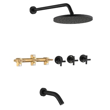 PROOX 3 Handle Tub Shower Faucet Set 10 Rainfall Shower Head with Tub and Shower Trim Kit with Roughin Valve Matte Black Bathtub Shower Faucets Wall Mounted Bathroom Rain Shower System