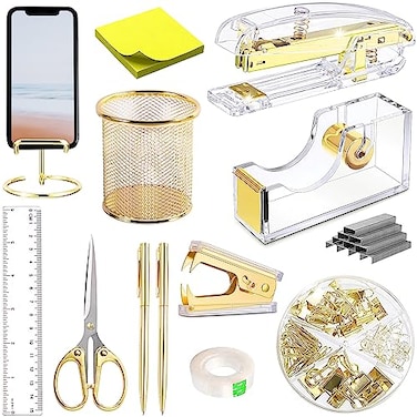 Gold Desk Accessories Acrylic Stapler Staple Remover Tape Holder Pen Holder Ballpoint Pen Scissor Binder Clips Staples Phone Holder Ruler Transparent Glue and Sticky notes