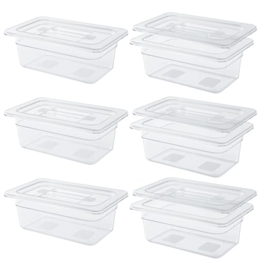 Qmeeki 6 Pack 14 Size 4 Deep Clear Food Pans with Lids Commercial Food Pans Acrylic Transparent Food Storage Containers Stackable Plastic Pan with Capacity Scale Restaurant Supplies Hotel Pan