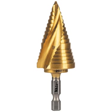 Klein Tools 25961 Step Drill Bit 78 to 118Inch Spiral DoubleFluted Cut Thin Metal Plastic Aluminum Wood 14Inch Hex Shank VACO