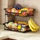 GILLAS 2 Tier Countertop Fruit Basket with 2 Banana Hangers for Kitchen Detachable Metal Organizer for Bread Vegetable Fruits with Wooden Handle Large Capacity Rectangular Storage Stand Bowls Black