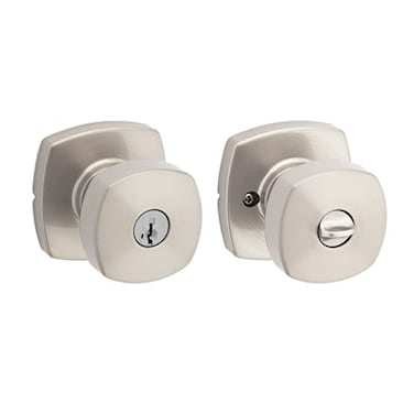 Kwikset Arroyo Knob Entry Door Knob with Lock and Key Secure Keyed Handle Exterior Front Entrance and Bedroom Satin Nickel Pick Resistant SmartKey Rekey Security and Microban