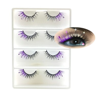 Glitter Eyelashes Moon Star Sequins Rhinestone Purple Coloured Wispy False Lashes 4 pairs for Ball Dance Party GamesPurple MoonStar