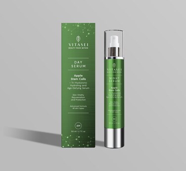 Vitasei AM Day Serum WApple Stem Cells Hyaluronic Acid Green Tea Chamomile Extract Orange Vitamin C Olive  Aloe Vera for Face  AntiAging  Moisturizing Facial Serum for Women  17 Fl oz