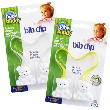 Baby Buddy Bib Clip Newborn Must Have and Travel Essential Turn any Cloth Towel or Napkin into a Bib for Feeding or Teething Yellow  White 2 Pack