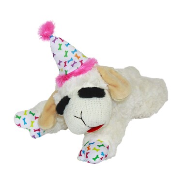 Multipet Lamb Chop Dog Plush Toy wBirthday Hat  Squeaky Dog Toy for All Dogs  Soft Plush Dog Toy  Stuffed Animal Dog Toy for Playing  Cute Dog Birthday Toy 105 Pink Hat 5 Squeakers