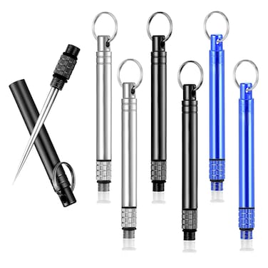 6 Pieces Metal Titanium Toothpicks Portable Reusable Pocket Toothpicks with Stainless Steel Toothpick Holder Multifunctional Metal Toothpicks Holder Keychain for Outdoor Travel Picnic Camping 6