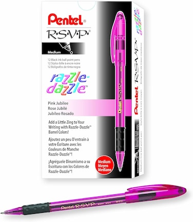 Pentel RSVP RazzleDazzle Ballpoint Pen 10mm Medium Line Pink Barrel Black Ink Box of 12 BK91RDPA