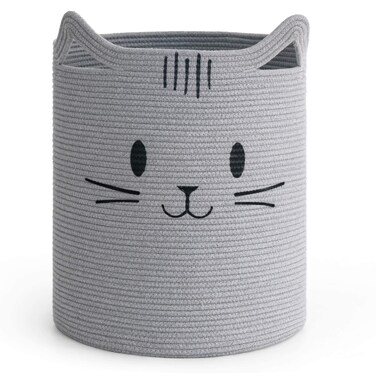 INDRESSME Laundry Basket Cute Cat Basket with Handles Tall Woven Basket Baby Hamper for Nursery Blanket Basket for Living Room Storage Basket for Toys Dirty Clothes 16L x 20H Grey