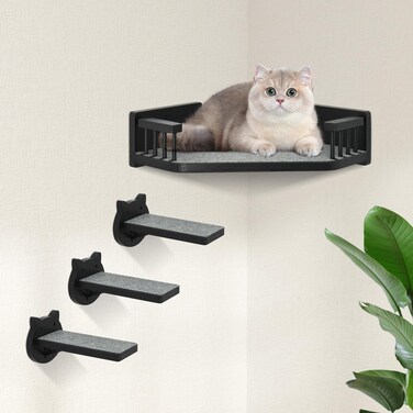 Cat Wall Shelves Corner Cat Shelves and Perches for Wall Cat Wall Furniture Cat Shelf with 3 Steps Wall Mounted Cat Hammock Cat Bed with Plush Covered Wood Cat Climbing Shelf for Indoor