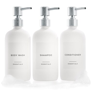Stylish Shampoo and Conditioner Dispenser Set of 3  Modern 21oz Shower Soap Bottles with Pump and Labels  Easy to Refill Body Wash Dispensers for an Instant Bathroom Decor Upgrade  White