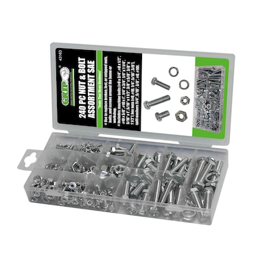 Grip 240 pc Nut  Bolt Assortment SAE  Machine Bolts Hex Nuts Split Washers  Replace Broken Lost Stripped Nuts and Bolts  Home Garage Workshop