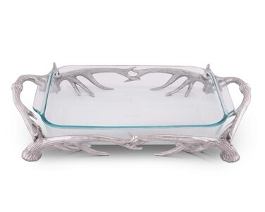 Arthur Court Metal Pyrex Glass Casserole Dish Holder Rustic Antler Pattern Sand Casted in Aluminum with Artisan Quality Hand Polished Design TarnishFree 21 inch Long 3 Quart Removable Dish Included
