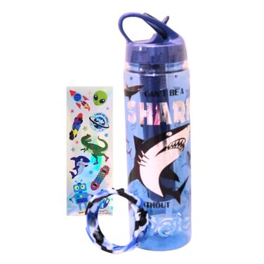 Daily Kids Sports Motivational Water Bottle with Time Marker for Boys  Ice Cube Stick Tube Inside  Leak Proof Cap with Handle Lid and Straw  Shark Theme for School and Travel  22 ounce Shark