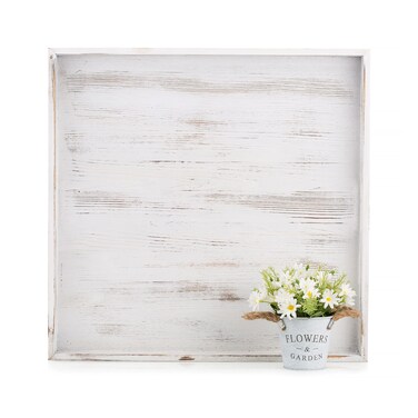 Hanobe Square Large Ottoman Tray Extra Large Serving Tray with Handles Rustic Wood Whitewash Decorative Coffee Table Trays Farmhouse Home Decor for Living Room Kitchen Counter 20 x 20