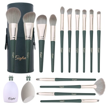 Makeup Brush Set 16 Pcs Premium Synthetic Kabuki Foundation Powder Concealer Brushes for Face Cosmetic Eyeshadow Eyebrow Eyeliner with Makeup Sponge Brush cleaner in Storage Case Green
