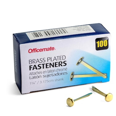 Officemate Brass Plated Fasteners 125Inch Length 0375Inch Head 100 per Box 99815