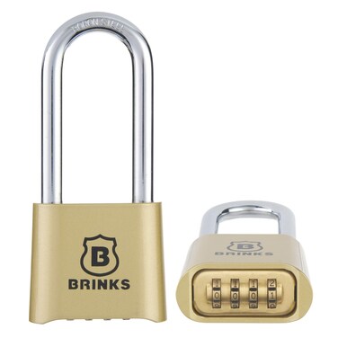 Brinks 67149002 50mm 4Dial Resettable Combination Lock with Chrome Plated Boron Steel Shackle and 2 38 Shackle Clearance Brass Plated