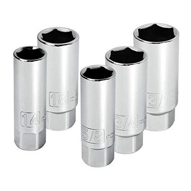Powerbuilt 38Inch Drive Spark Plug Socket Set 6 Point Deep Thin Wall 5 Piece Metric and SAE  640855 Grey