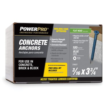 Power Pro Blue FlatHead Concrete Screw Anchors 316 x 334  100 pc