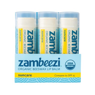 ZAMBEEZI Organic Fair Trade Beeswax Lip Balm  Suncare 3 Pack  Mineral Based Zinc Oxide Sun Protection  Ethically Sourced