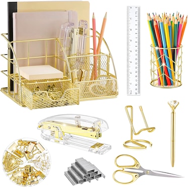 KAAKOW Gold Desk Organizers and Accessories Office Supplies Set Stapler Pen Holder Phone Holder Scissors Pen Ruler 30 Paper Clips 22 Binder Clip 20 Tacks and 1000pcs Staples Gold