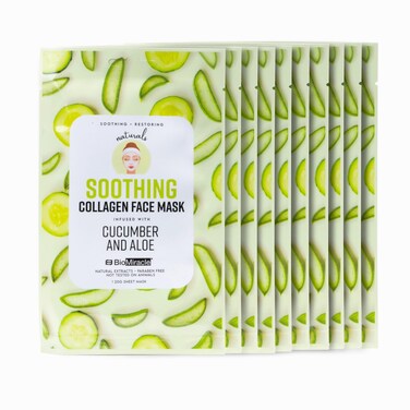 BioMiracle Soothing Collagen Face Mask Infused With Cucumber and Aloe Natural Extracts Paraben Free Hydrates Heals Dry Skin 10 Sheets 10 Pack