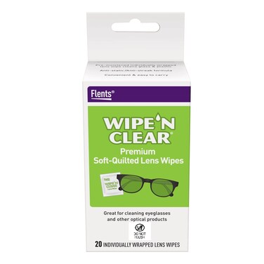 Flents Lens Wipes Wipe N Clear 20 Count PreMoistened StreakFree Safe for Glasses AntiFog Gentle Cleaning Clear Vision Individually Wrapped for Travel  Convenience Made in the USA