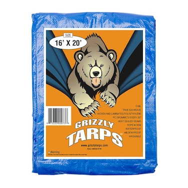 Grizzly Tarps by BAir 16 x 20 Large MultiPurpose Waterproof Heavy Duty Poly Tarp with Grommets Every 36 8x8 Weave 5 Mil Thick for Home Boats Cars Camping Protective Cover Blue