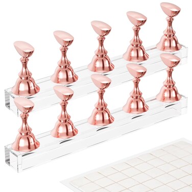 Nail Stand Acrylic Nail Art Display Stand Magnetic Nail Tips Practice Holder 54 Pcs Reusable Adhesive Putty for DIY Painting Nails Stand kit Rose Gold