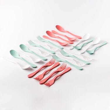 KNORK Eco Plant Based Cutlery Bamboo Reusable Flatware Set 24 Piece 12 Eco Forks 12 Eco Spoons Multi  Mint Coral White
