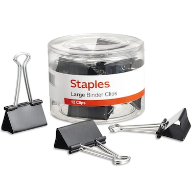 Staples Large Binder Clips 1inch Capacity Black 12 ClipsPack 10669CC