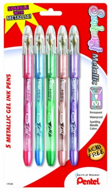 Pentel Sunburst Metallic Gel Pen Medium Line Permanent Assorted Ink 5 Pack K908MBP5M1