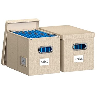 DYWMM Hanging File Box with Lid Set of 2 Filing Organizer Storage Box Linen Collapsible Decorative OfficeHome File Cabinet 14x93x109 inch Beige