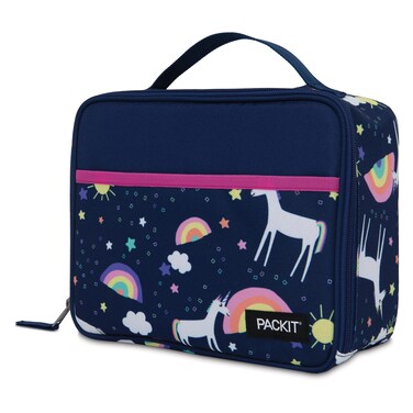 PackIt Freezable Classic Lunch Box Unicorn Sky Navy Built with EcoFreeze Technology Collapsible Reusable Zip Closure With Zip Front Pocket and Buckle Handle Great for Lunches