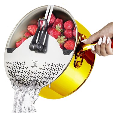 Adjustable 55105 Premium Stainless Steel Clip on Strainer for Pots Pans  Bowls  Hands Safe Pasta Strainer to Keep Kitchen Clean  Colander for Fruit  Vegetables  Food Strainers for Kitchen